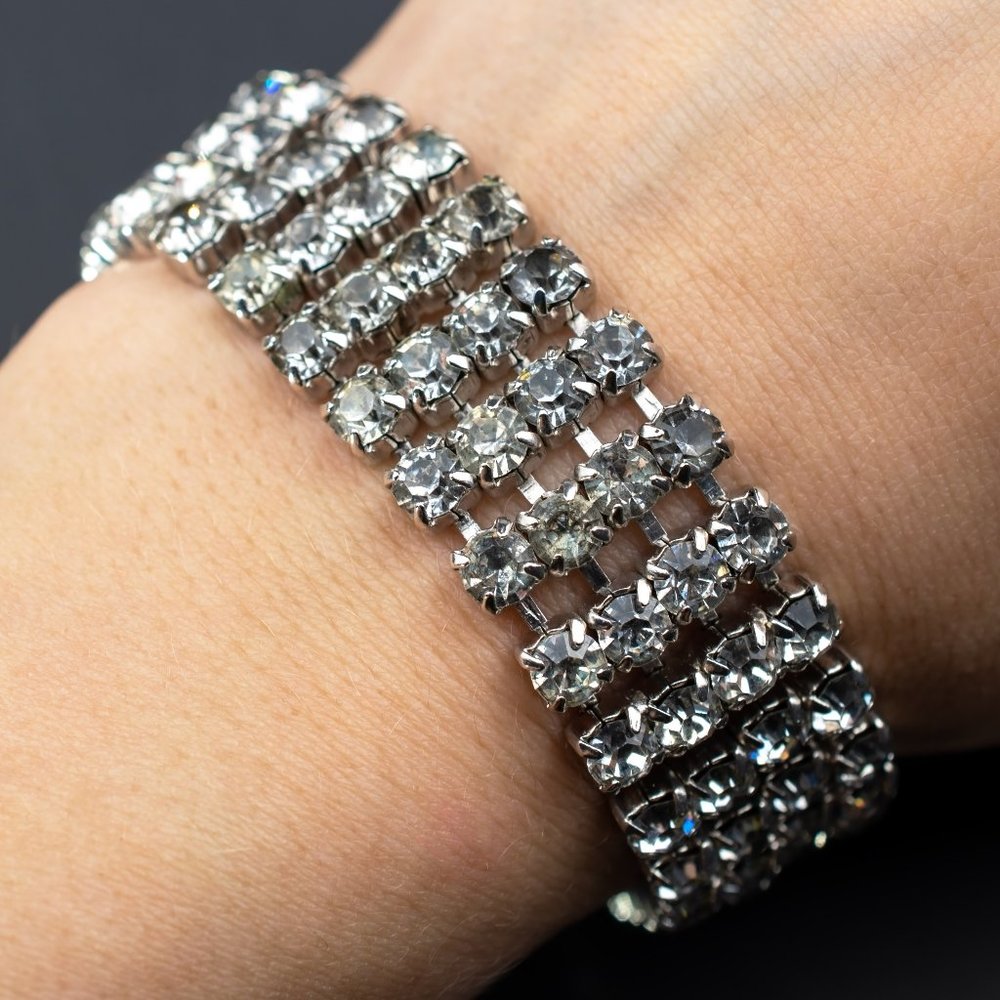 Wide rhinestone tennis bracelet, statement clear crystal bracelet 60s vintage